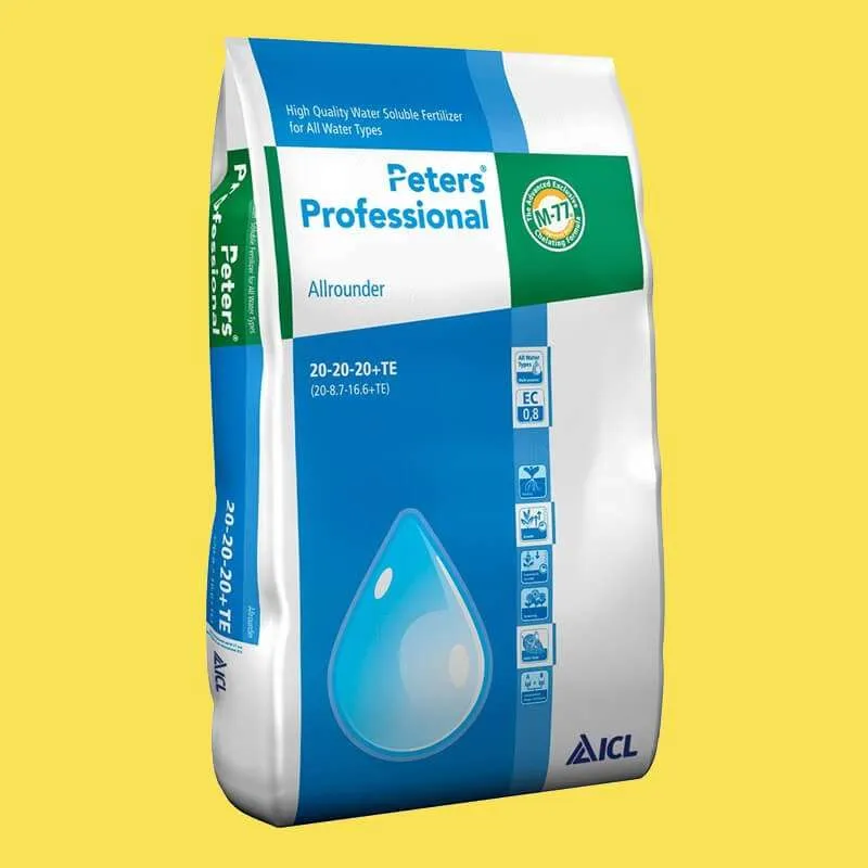 Green power Australia natural gardening supplies - Peters Professional Allrounder 20-20-20+TE is a growth-increasing formula with broad application possibilities. Peters Professional Allrounder is a balanced NPK formulation which contains urea and is therefore particularly suitable for use in the spring and summer. Peters Professional Allrounder is a foliar feed.