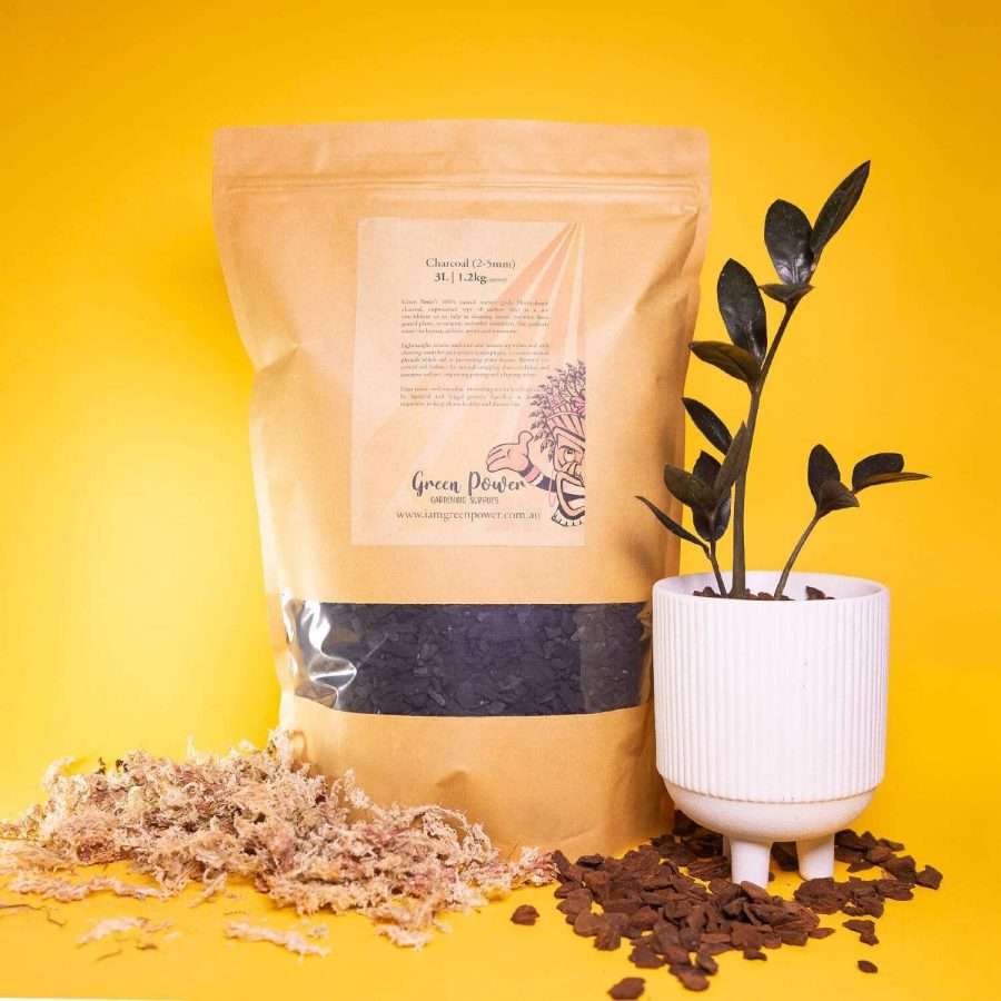 Green Power Australia Garden Supplies. 100% natural nursery grade Horticultural charcoal, unprocessed type of carbon used as a soil amendment or to help in draining excess moisture from potted plants, terrariums, and other containers. Size perfectly suited for bonsai, orchids, aroids and terrariums.